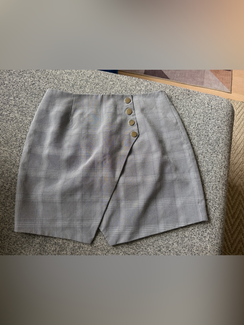 by the way. Gray Plaid Wrap-Front Mini Skirt with Gold Buttons